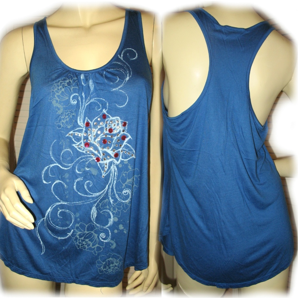 New Y2K Floral Sequin Tank Top Racerback Blue Gym Yoga Sporty Sports Sportswear